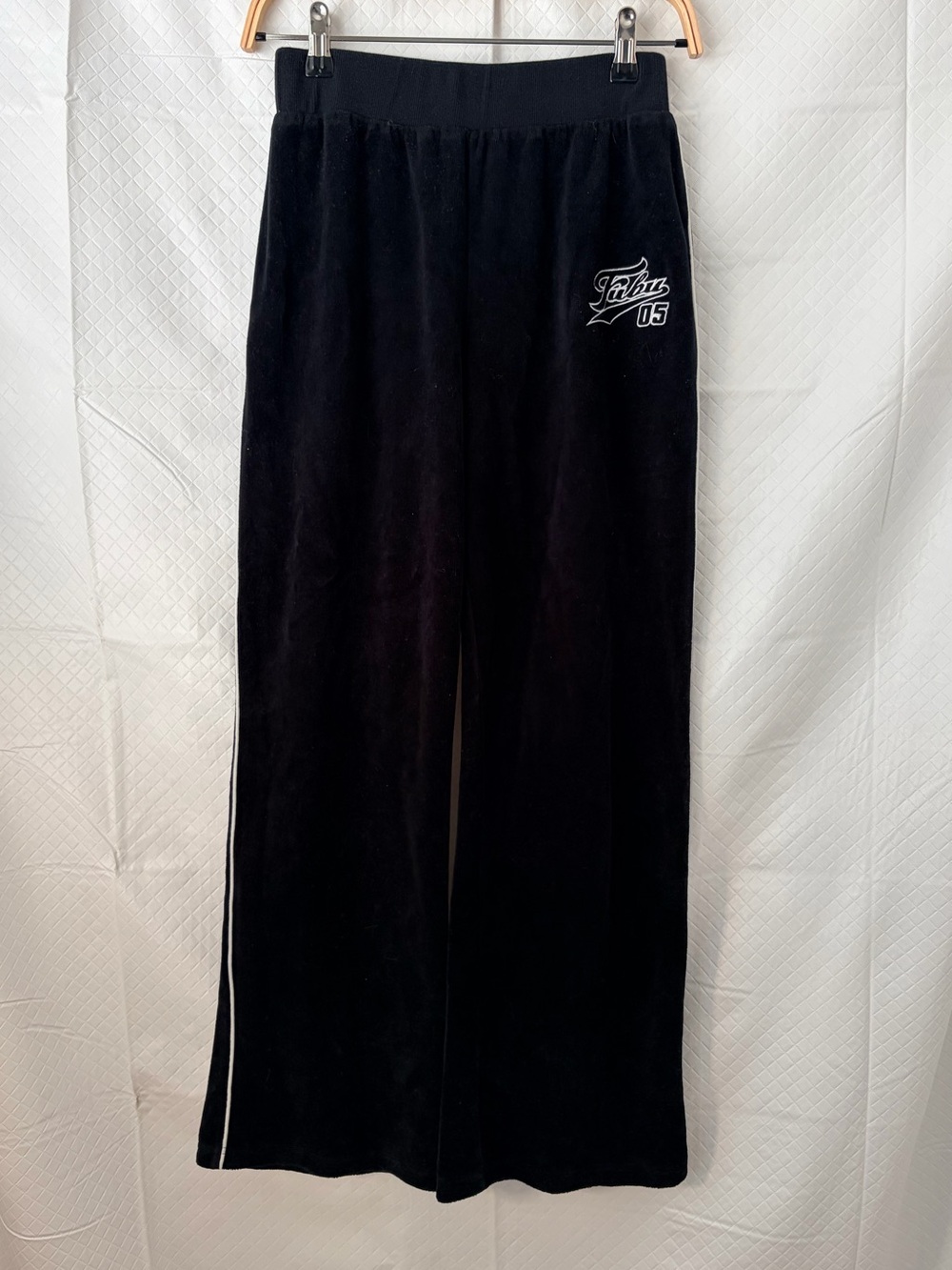 Forever 21 Black Wide-Leg FUBU Velour Pants with White Side Stripe